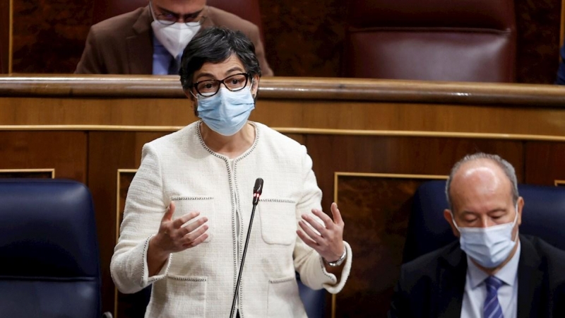 12/05/2021.- La ministra de Asuntos Exteriores, Arancha González Laya, durante su intervención en la sesión de control al Ejecutivo de este miércoles en el Congreso, la primera tras el fin del estado de alarma. EFE/ Chema Moya