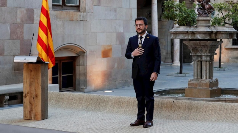 Pere Aragonès durante su toma de posesión en un acto institucional en el Palau de la Generalitat.