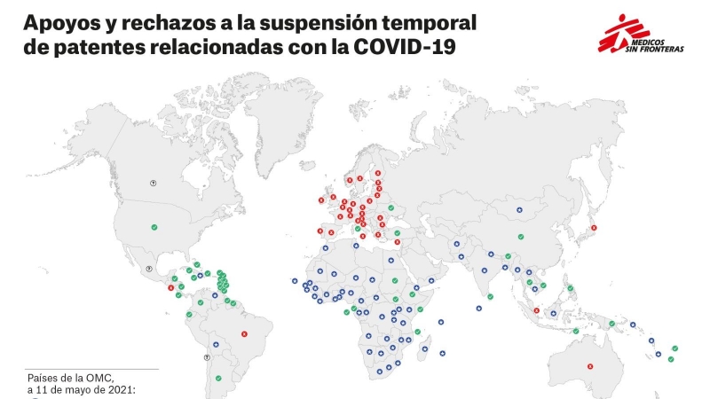 Mapa de Médicos Sin Fronteras sobre los apoyos a la exención temporal de las patentes de las vacunas contra la covid-19.
