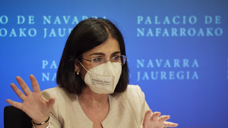 La ministra de Sanidad, Carolina Darias, comparece en rueda de prensa tras presidir desde Pamplona el pleno telemático del Consejo Interterritorial del Sistema Nacional de Salud