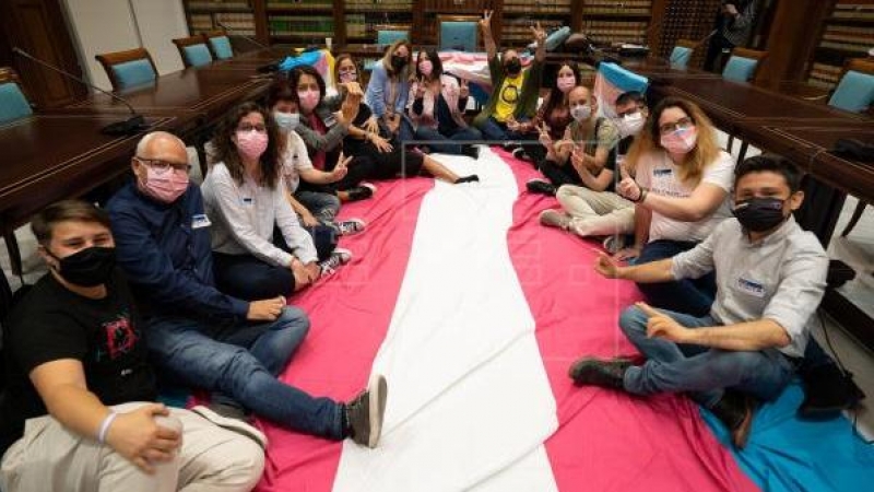 Representantes de la coordinadora de Colectivos LGTBI+ y Trans de Canarias sobre la Ley de igualdad social y no discriminación por razón de identidad de género, expresión de género y características sexuales posan en una sala del Parlamento de Canarias do