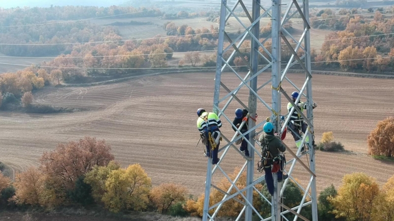 Uns operaris treballant en una torre elèctrica, en una imatge cedida aquest 21 d'abril del 2021