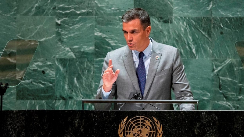 El presidente del Gobierno, Pedro Sánchez, en su intervención ante la Asamblea General de Naciones Unidas este miércoles 22 de septiembre.