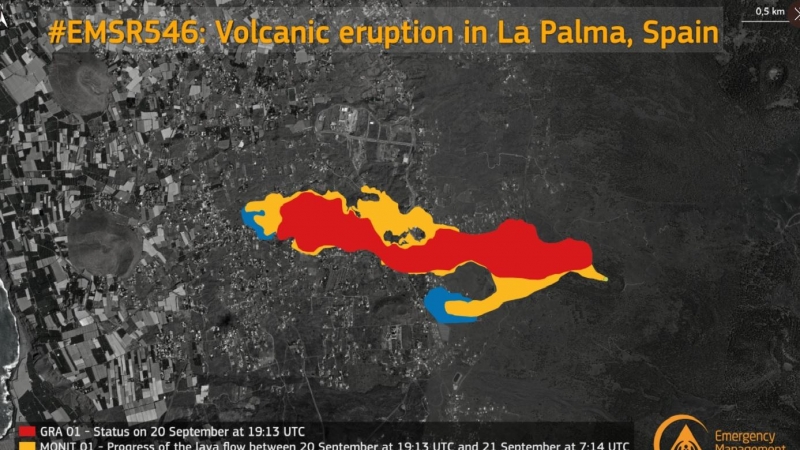 La zona afectada por la erupción del volcán de La Palma vista con el programa europeo Copérnicus.