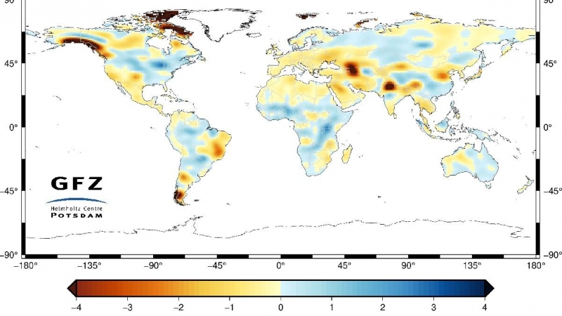 Mapa de las pérdidas de masas terrestres de agua anuales (2002-2021).