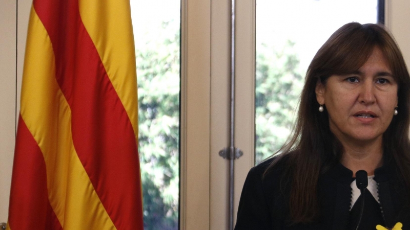 La presidenta del Parlament, Laura Borràs, durant la seva declaració institucional amb motiu del quart aniversari de la DUI