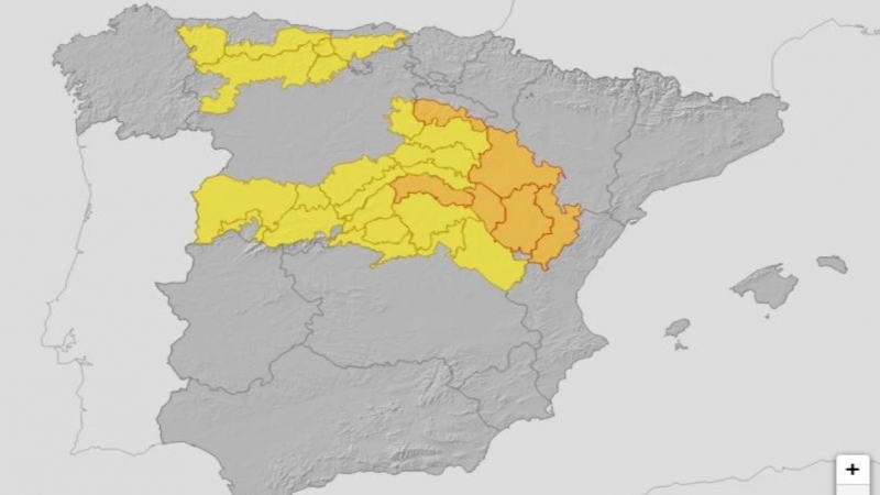 Mapa de avisos amarillos y naranjas de España.