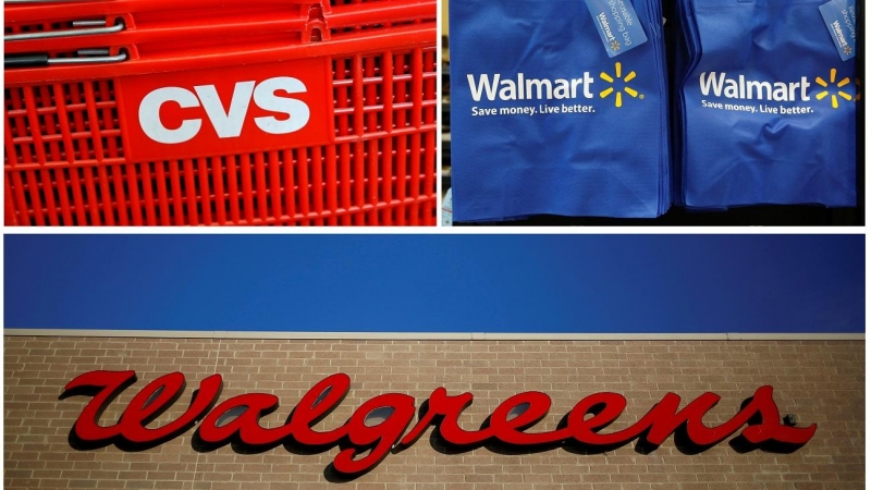 Imagen de archivo que muestra los logos de las empresas CVS, Walgreens y Walmart.