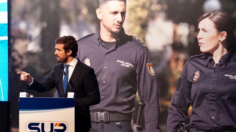 El presidente del PP, Pablo Casado, durante su intervención este miércoles 1 en el Congreso del Sindicato Unificado de la Policía (SUP) celebrado en Toledo.