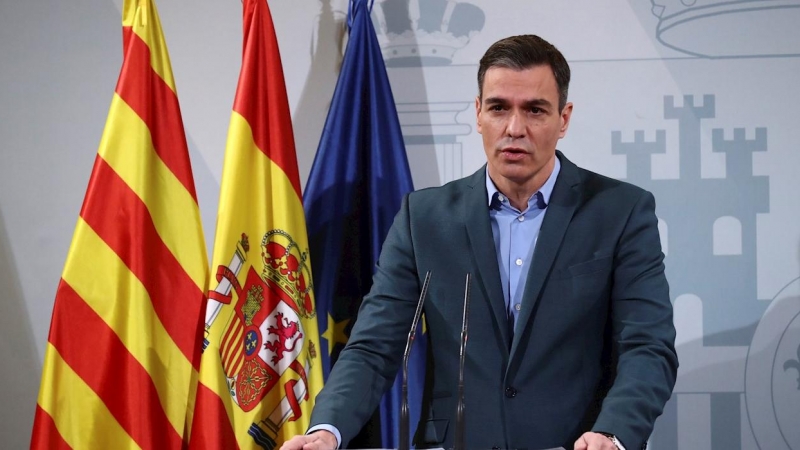 19/12/2021 El presidente del Gobierno, Pedro Sánchez, durante la rueda de prensa posterior a la reunión con Teresa Cunilleraen la Delegación del Gobierno de Catalunya, en Barcelona