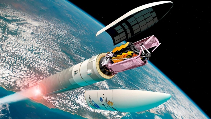 Impresión artística del telescopio espacial James Webb separándose del cohete Ariane 5.