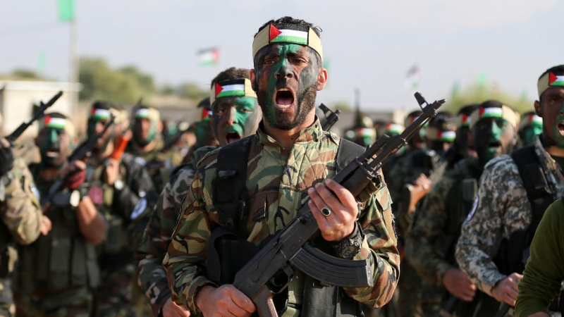 29/12/2021 Militantes palestinos participan en un ejercicio militar en Rafah, en el sur de Gaza