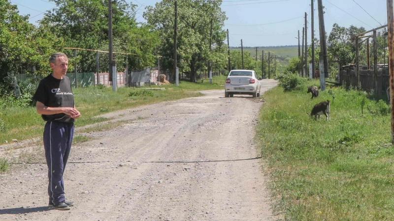 Las cabras ramonean junto a las empalizadas de la calle principal de Pavlopil, en la línea de contacto del Donetsk. Parado en la calle principal, el pastor adventista de la aldea