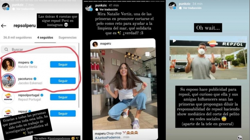 La cuenta de Repsol Perú en Instagram siguiendo a la influencer que comenzó la campaña para cortarse el pelo y su pareja.