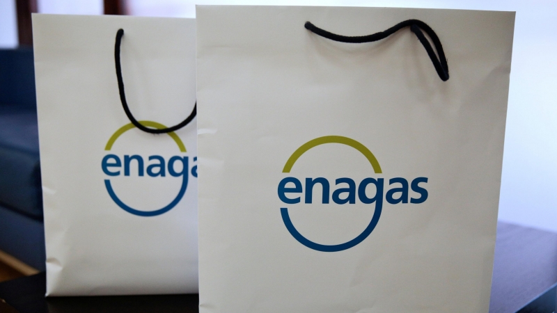 El logo de Enagas en unas bolsas durante una presentación de la compañía de distribución gasista en Madrid. REUTERS/Andrea Comas.
