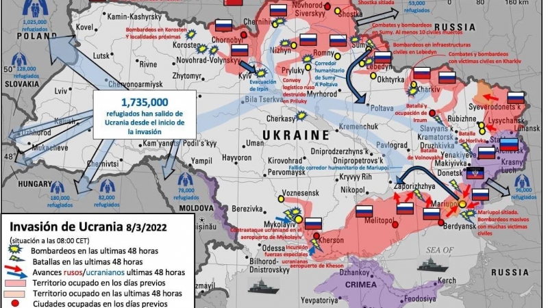 Mapa actualizado a 8 de marzo de 2022 de la invasión de Rusia a Ucrania.