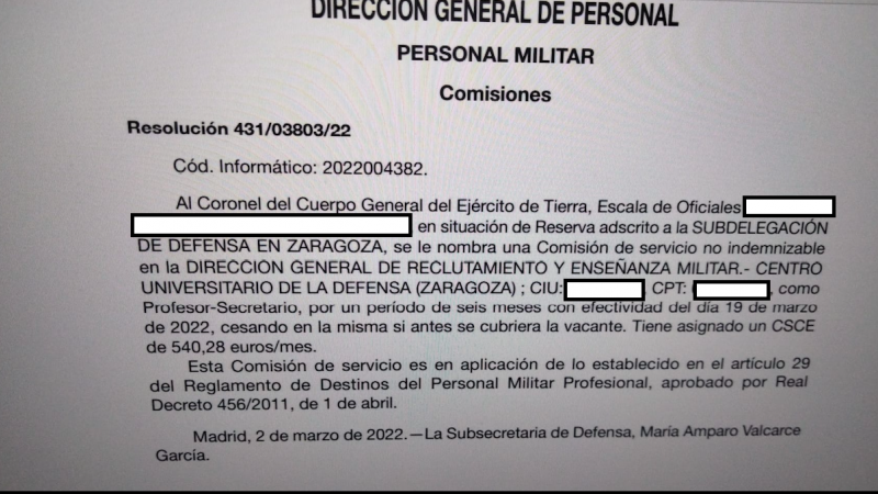 Imagen del Boletín Oficial de la Defensa en la que aparece el nombramiento del coronel acosador.