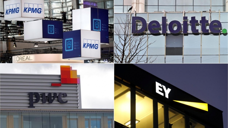 Los logos de las cuatro grandes compañías de auditoría y consultoría del mundo, conocidas como las 'Big Four': KPMG, Deloitte, PricewaterhouseCoopers(PwC) y Ernst&Young (EY).