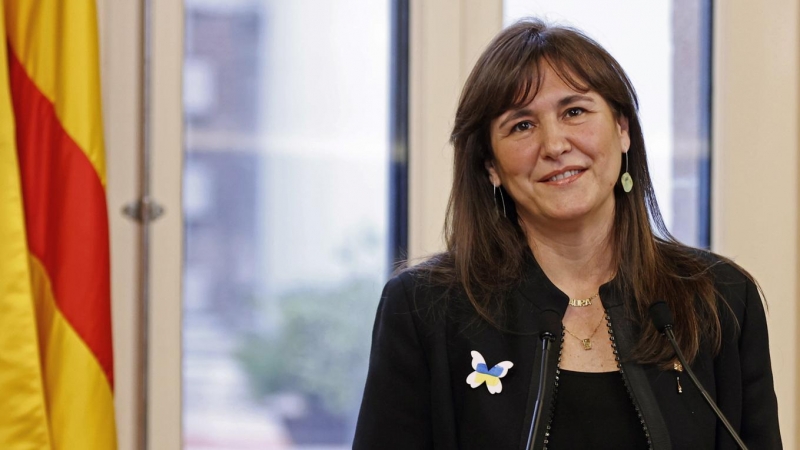 La presidenta del Parlament, Laura Borràs, durante su comparecencia el viernes 11 de marzo de 2022 en la cámara catalana para hacer balance de su primer año en el cargo.