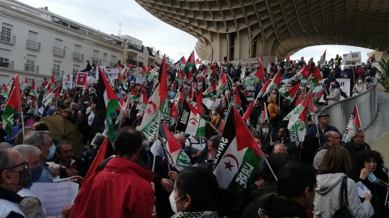Numerosas banderas saharauis en la manifestación en Sevilla contra el apoyo del Gobierno a la autonomía que promueve Marruecos.