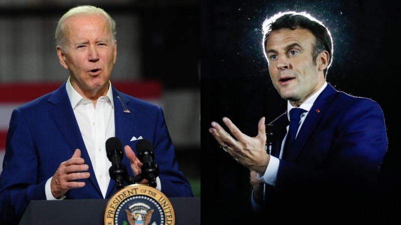 (12/04/2022) A la izquierda, Joe Biden en un acto celebrado en Iwoa. A la derecha, Emmanuel Macron durante la campaña presidencial en Estrasburgo.