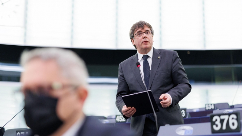 L'expresident de la Generalitat i eurodiputat de Junts, Carles Puigdemont, durant una intervenció al Parlament Europeu.