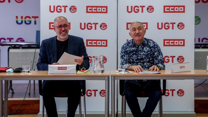 23/05/2022. El secretario general de la Unión General de Trabajadores (UGT), Pepe Álvarez y el secretario general de Comisiones Obreras (CCOO), Unai Sordo, durante una reunión en la sede de UGT, a 12 de mayo de 2022, en Madrid.