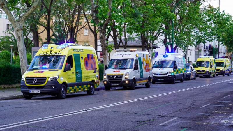 Los profesionales del transporte sanitario de Sevilla homenajean al personal médico con una marcha de ambulancias hasta el Hospital Virgen del Rocío.