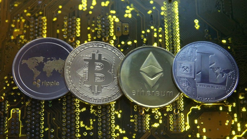 Representación de las principales criptomonedas, Ripple, Bitcoin, Etherum y Litecoin.