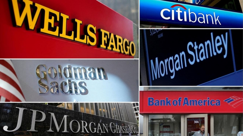 Los logos de los principales bancos de EEUU: Wells Fargo, Citigbank, Morgan Stanley, JPMorgan Chase, Bank of America, JPMorgan, y Goldman Sachs.