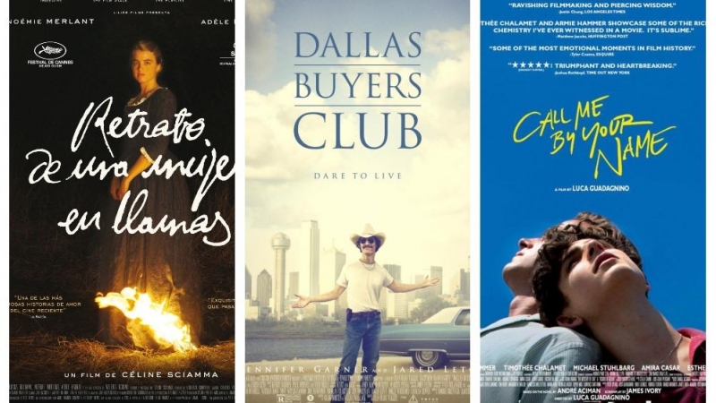 30/06/2022. Collage con los carteles de 'Retrato de una mujer en llamas' (2019), 'Dallas Buyers Club' (2013) y 'Call me by your name' (2017).