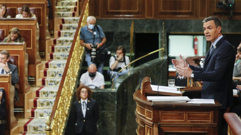 12/07/2022.- El presidente del Gobierno, Pedro Sánchez, durante su intervención en la primera jornada del debate sobre el estado de la nación, este martes en el Congreso. EFE/ Javier Lizon