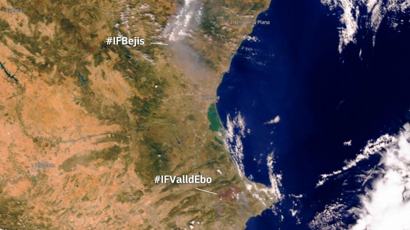 18/8/22 Imagen del satélite Sentinel-3 con el humo de los incendios de Bejís y Vall d'Ebo.