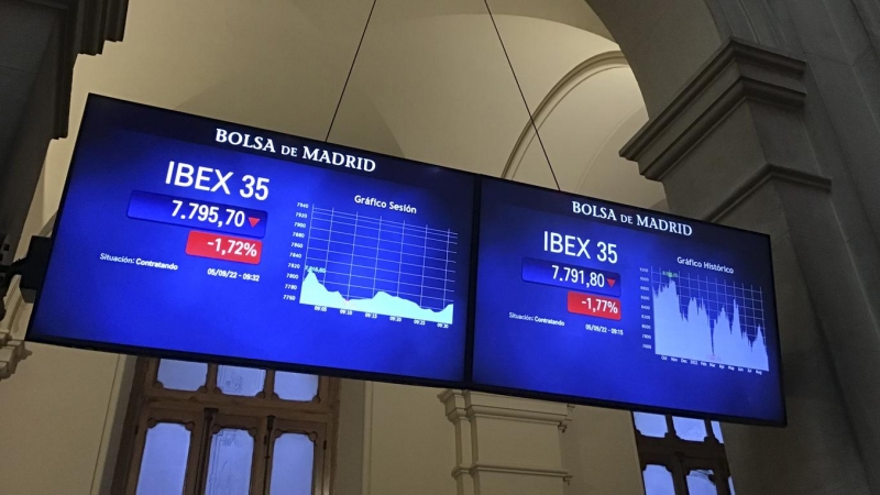 Paneles informativos de la Bolsa de Madrid que muestran la evolución del Ibex 35. EFE/ Vega Alonso Del Val