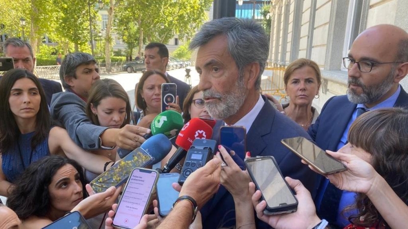 Carlos Lesmes, ante los medios, tras el acto de toma de posesión del nuevo fiscal general del Estado, Álvaro García este lunes en el Tribunal Supremo