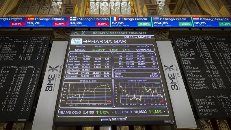 Vista general de los paneles informativos del parqué de la Bolsa de Madrid. EFE/ Ana Bornay