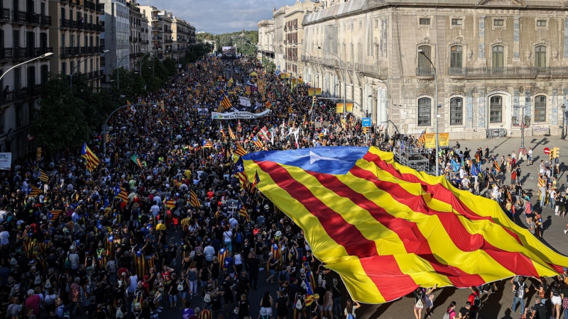 Una estelada de grans dimensions en el marc de la manifestació de l'ANC per la Diada a Barcelona aquest diumenge.