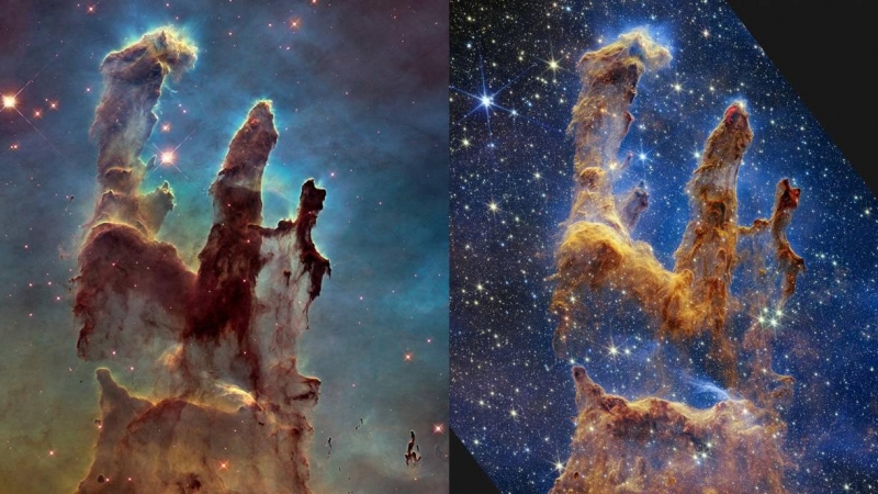 Imagen de los Pilares de la Creación, la de la izquierda fue captada por el telescopio espacial Hubble y la de la derecha por el telescopio Webb