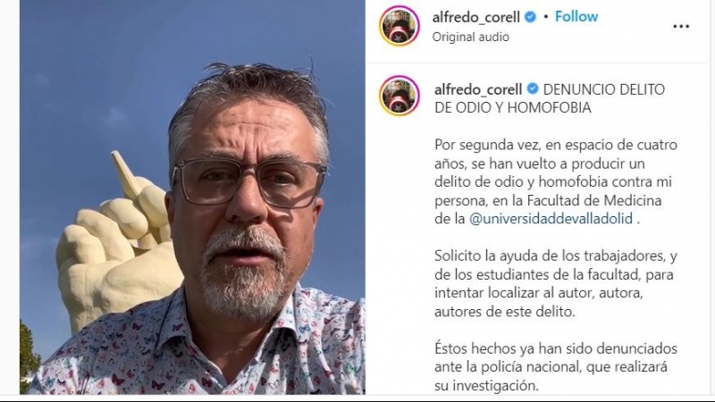 El profesor Alfredo Corell denuncia por redes sociales un delito de odio homófobo, a 25 de octubre de 2022.