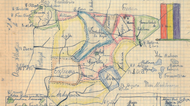 25/11/22 Mapa político de España en los cuadernos escolares de Antonio Rial, alumno de Bernardo Mato, en 1933.