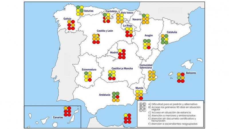 Mapa de la calidad de la asistencia sanitaria para migrantes en todas las comunidades autónomas de España.