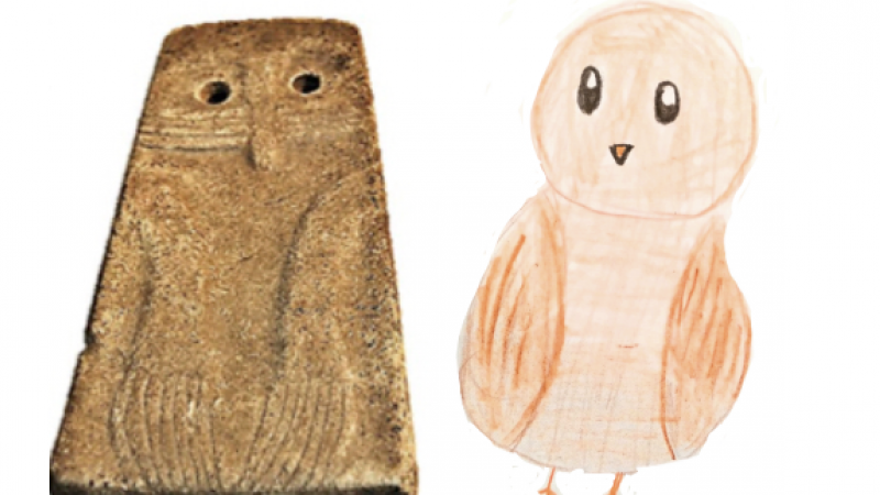 Los búhos que grababan los niños de hace 5000 años no son muy diferentes de los que dibujan hoy. Figura hallada en Alter Do Chao (Portugal), junto a dibujo de una niña de 9 años hecho en 2022.