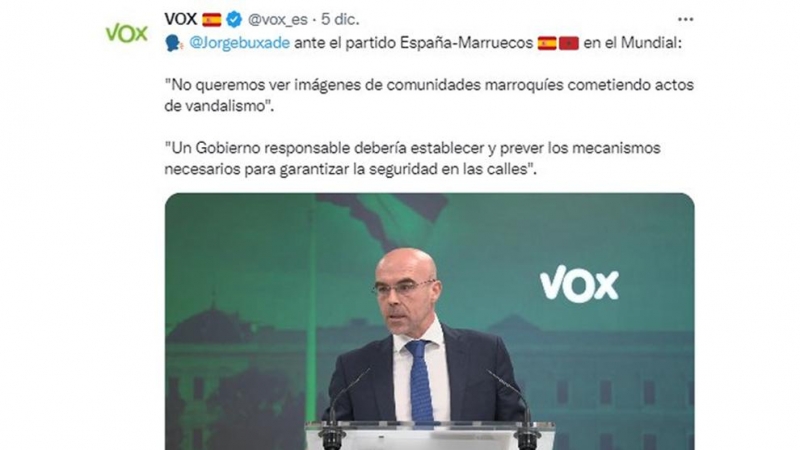 Imagen del tuit publicado desde la cuenta de Vox un día antes del partido entre España y Marruecos.