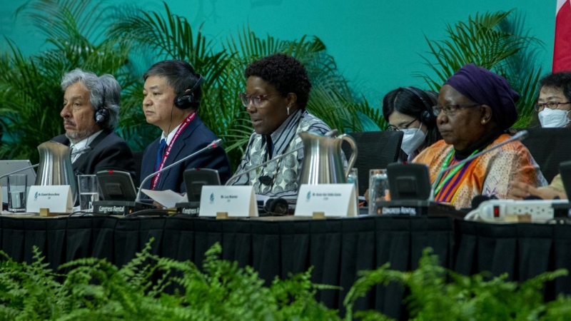La secretaria ejecutiva de la Convención sobre Diversidad Biológica, Elizabeth Maruma Mrema; y el presidente de la Conferencia de la ONU sobre Biodiversidad COP15, el chino Huang Rinqiu, participan hoy en el cierre de la sesión ministerial en Montreal (Ca
