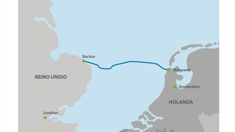 Mapa del trazado del Interconector BBL que une la localidad de Bacton (Reino unido) y la de Balgzand (Holanda).