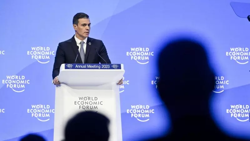 El presidente del Gobierno, Pedro Sánchez, durante su intervención este martes en el encuentro anual del Foro Mundial de Davos (Suiza).