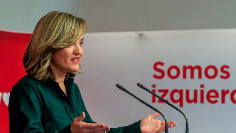 La portavoz del Comité Electoral del PSOE, Pilar Alegría, ofrece una rueda de prensa en la sede de su partido en Madrid este lunes.