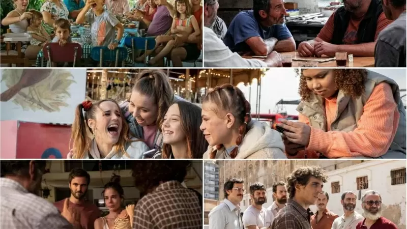 De izquierda a derecha y de arriba a abajo, momentos de las películas 'Alcarràs', 'As bestas', 'La maternal', 'Cinco lobitos' y 'Modelo 77', favoritas para los Premios Goya 2023.