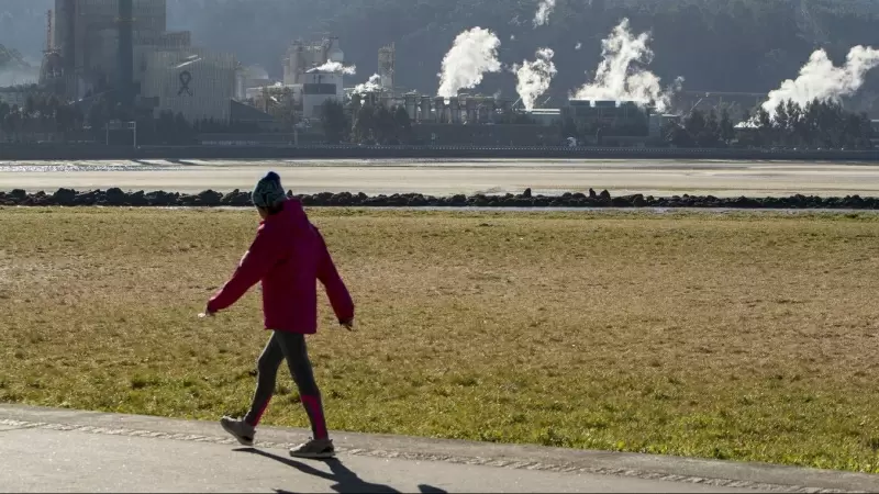 Una mujer pasea junto a la fábrica de la papelera Ence en Pontevedra. EFE/Salvador Sas