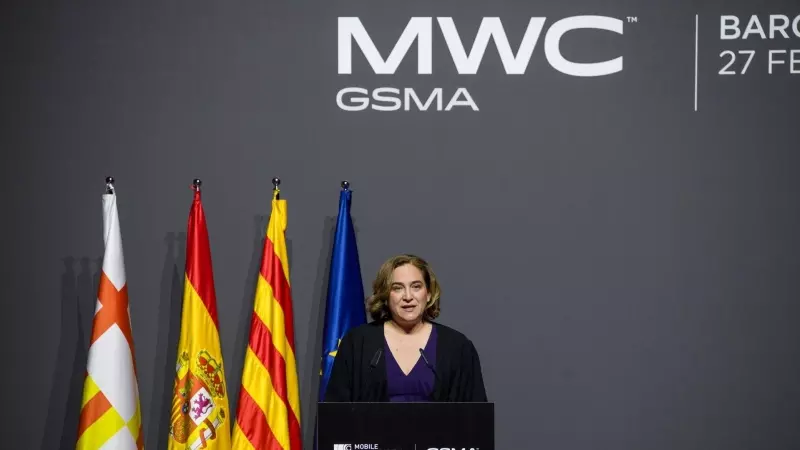 26/02/2023. Ada Colau interviene durante la cena oficial del MWC Barcelona 2023.